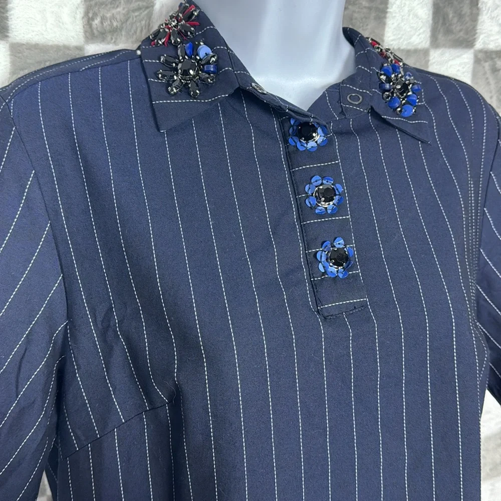 Banana Republic Pinstripe navy collared dress, rhinestone neckline pockets S - Picture 2 of 10